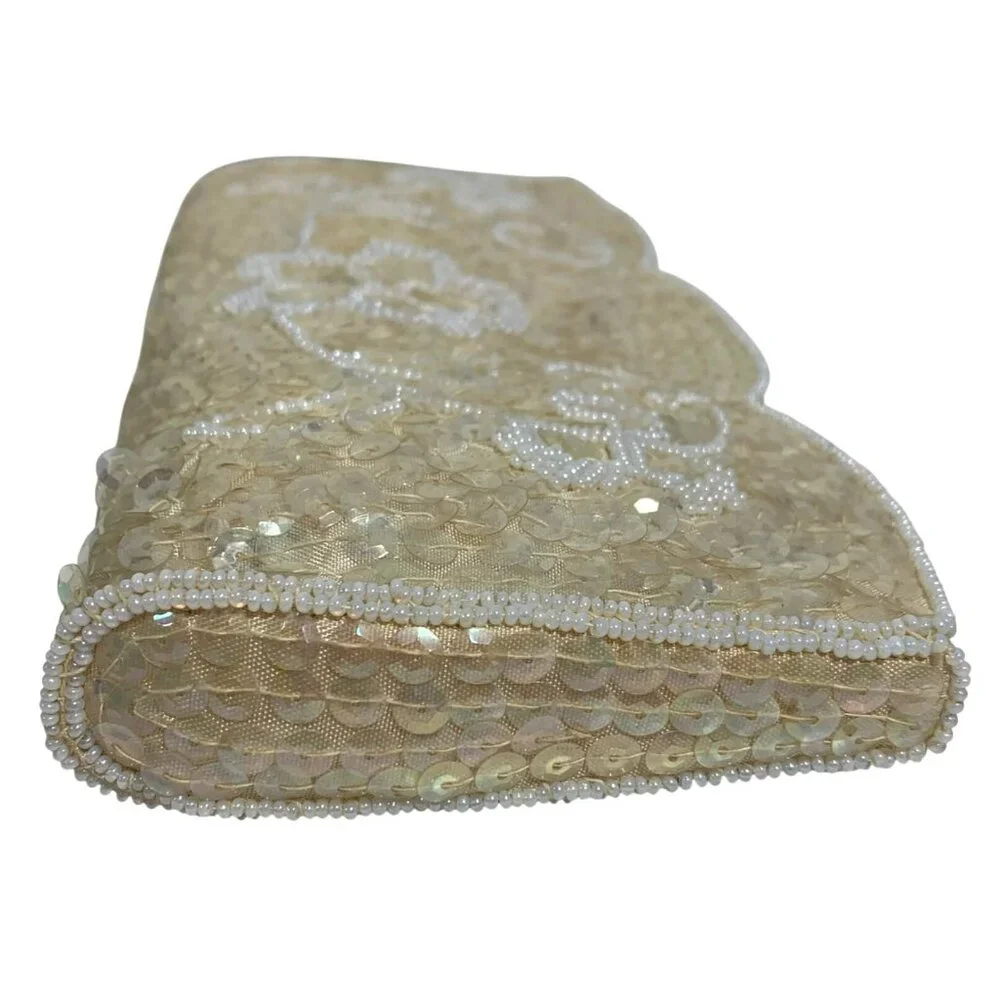 La Regale Vintage Ivory Beaded Sequin Floral Evening Clutch Purse With Box